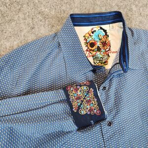 Robert Graham Shirt Men XL Blue AOP Skull Floral Fip Cuff Classic Button READ